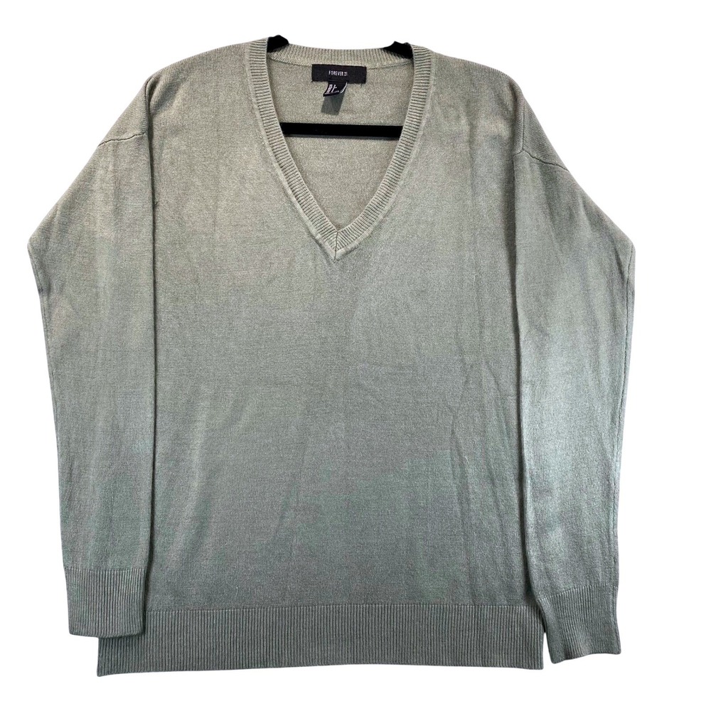 FOREVER 21 Womens Solid V Neck Long Sleeve Sweater Size Small Green‎